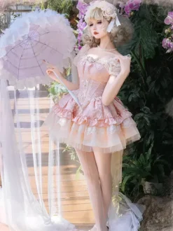 Robe Hime Sweet Lolita vert clair à manches courtes motif floral avec traîne en polyester style kawaii