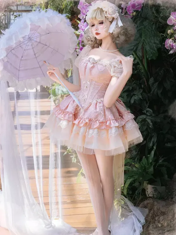 Robe Hime Sweet Lolita vert clair à manches courtes motif floral avec traîne en polyester style kawaii