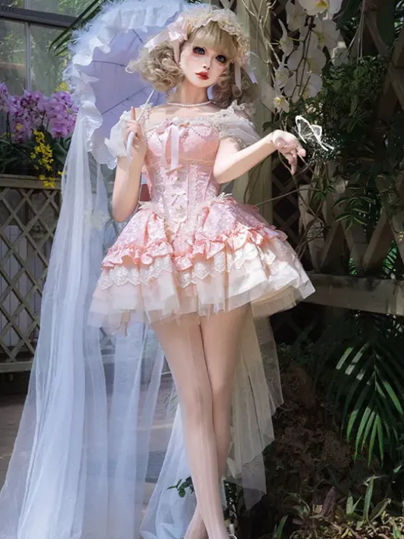 Robe Hime Sweet Lolita vert clair à manches courtes motif floral avec traîne en polyester style kawaii