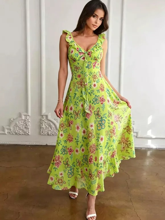 Robe imprimée rouge à fleurs sans manches col V et taille haute pour femme.