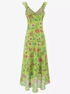 Robe imprimée rouge à fleurs sans manches col V et taille haute pour femme.