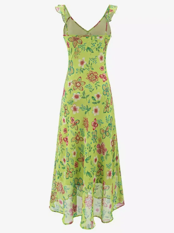 Robe imprimée rouge à fleurs sans manches col V et taille haute pour femme.