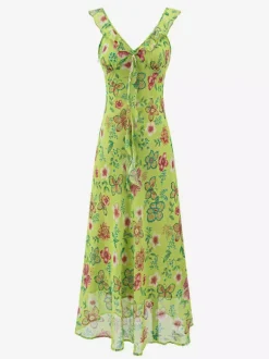 Robe imprimée rouge à fleurs sans manches col V et taille haute pour femme.