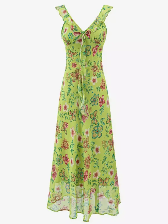 Robe imprimée rouge à fleurs sans manches col V et taille haute pour femme.