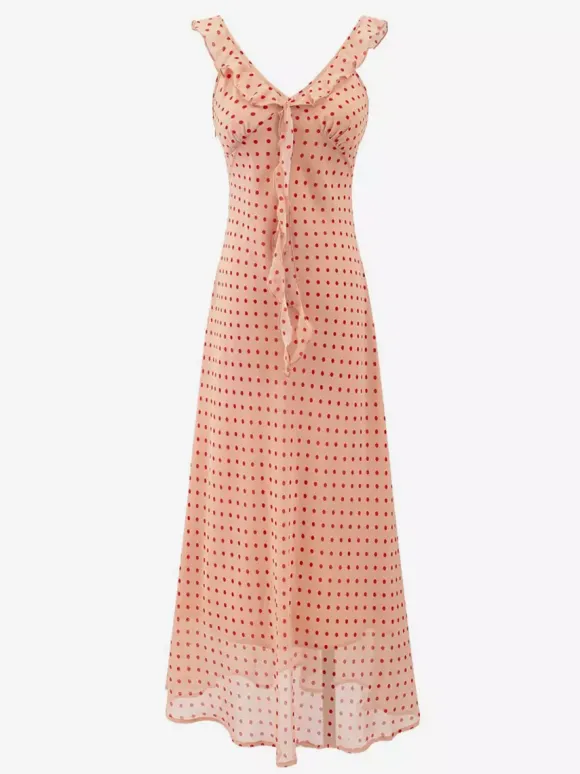 Robe imprimée rouge à fleurs sans manches col V et taille haute pour femme.