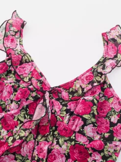 Robe imprimée rouge à fleurs sans manches col V et taille haute pour femme.