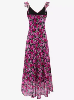 Robe imprimée rouge à fleurs sans manches col V et taille haute pour femme.