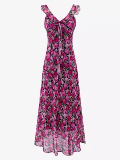 Robe imprimée rouge à fleurs sans manches col V et taille haute pour femme.