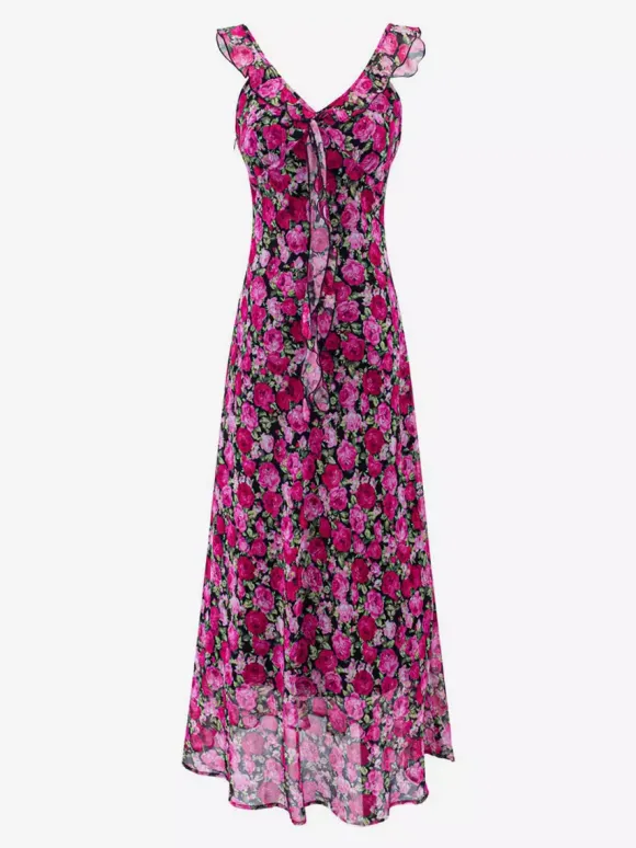 Robe imprimée rouge à fleurs sans manches col V et taille haute pour femme.