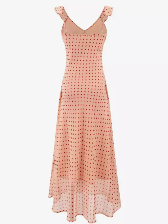 Robe imprimée rouge à fleurs sans manches col V et taille haute pour femme.