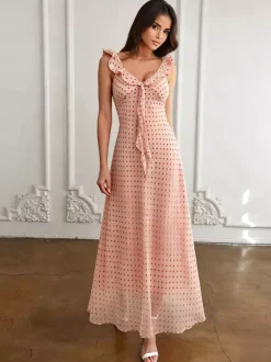Robe imprimée rouge à fleurs sans manches col V et taille haute pour femme.