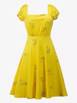 Robe jaune décontractée mi-longue à manches courtes et imprimé floral col carré manches courtes style midi.