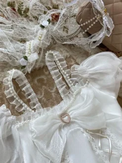 Robe Jumper Skirt Lolita Blanche Style Sweet JSK en Polyester avec Détails Dentelle et Manches Amovibles