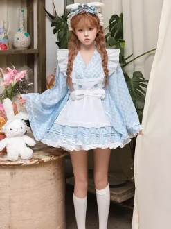 Robe kimono à volants style japonais Lolita à carreaux et manches longues bleu ciel clair