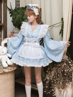 Robe kimono à volants style japonais Lolita à carreaux et manches longues bleu ciel clair