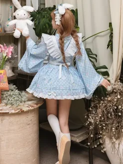 Robe kimono à volants style japonais Lolita à carreaux et manches longues bleu ciel clair