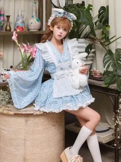 Robe kimono à volants style japonais Lolita à carreaux et manches longues bleu ciel clair