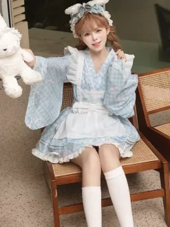 Robe kimono à volants style japonais Lolita à carreaux et manches longues bleu ciel clair