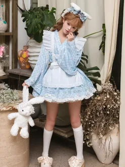 Robe kimono à volants style japonais Lolita à carreaux et manches longues bleu ciel clair