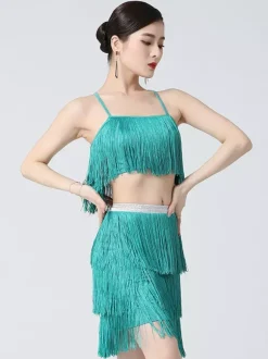 Robe latine blanche pour fille en polyester à franges dans le dos et bretelles croisées costume de danseuse latine