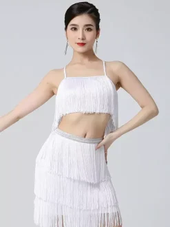 Robe latine blanche pour fille en polyester à franges dans le dos et bretelles croisées costume de danseuse latine