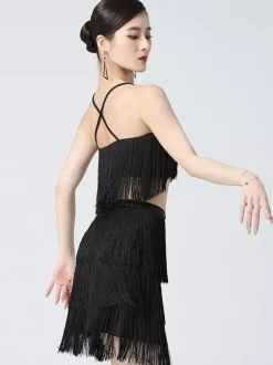 Robe latine blanche pour fille en polyester à franges dans le dos et bretelles croisées costume de danseuse latine