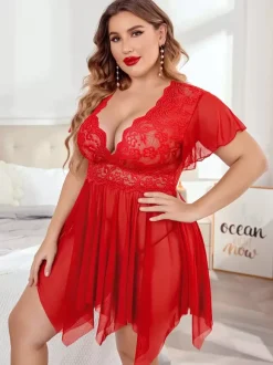 Robe Lingerie Pour Femme Nuisette Sexy En Dentelle Rouge