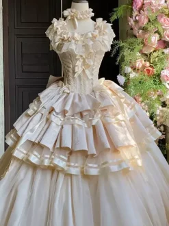 Robe Lolita Champagne Fairy à lacets et n艙uds plusieurs couches robe Lolita pour tea party