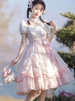 Robe Lolita Classique Manches Courtes Robes Imprimé Fleurie Rose Classique