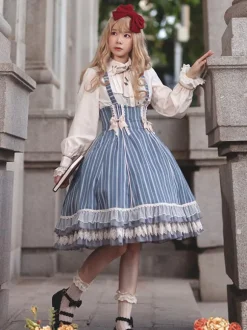 Robe Lolita Classique N艙uds En Coton Sans Manches Rayures Bleu Ciel Clair