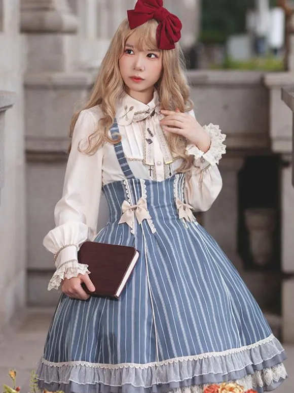 Robe Lolita Classique N艙uds En Coton Sans Manches Rayures Bleu Ciel Clair