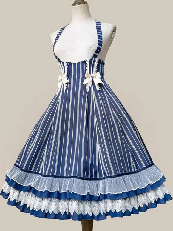 Robe Lolita Classique N艙uds En Coton Sans Manches Rayures Bleu Ciel Clair