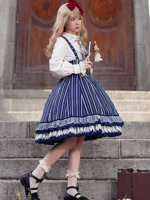 Robe Lolita Classique N艙uds En Coton Sans Manches Rayures Bleu Ciel Clair