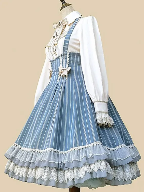Robe Lolita Classique N艙uds En Coton Sans Manches Rayures Bleu Ciel Clair