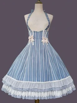 Robe Lolita Classique N艙uds En Coton Sans Manches Rayures Bleu Ciel Clair