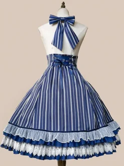 Robe Lolita Classique N艙uds En Coton Sans Manches Rayures Bleu Ciel Clair