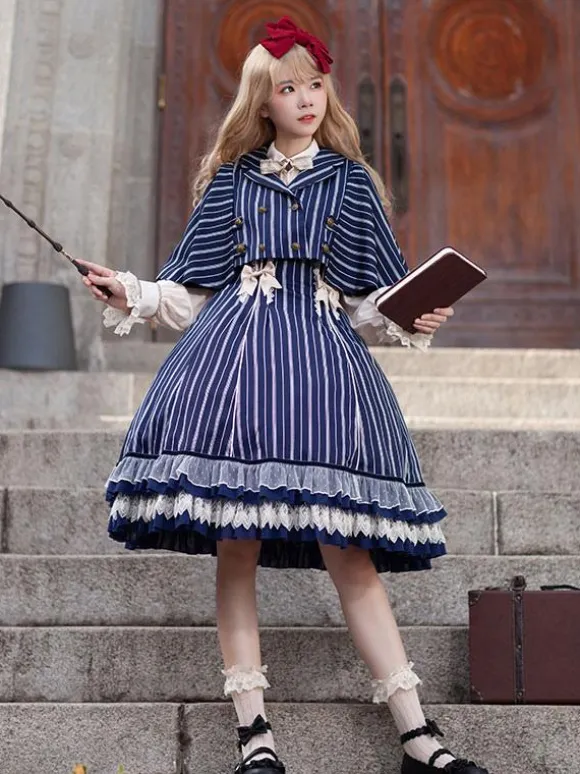 Robe Lolita Classique N艙uds En Coton Sans Manches Rayures Bleu Ciel Clair
