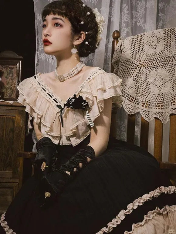 Robe Lolita Classique Polyester Sans Manches Dentelle Robes Lolita Classique Noir