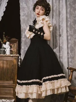 Robe Lolita Classique Polyester Sans Manches Dentelle Robes Lolita Classique Noir