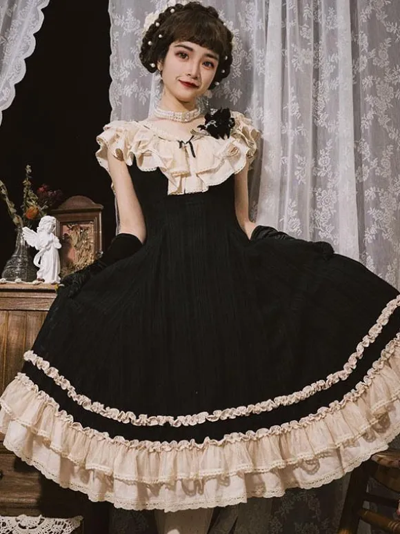 Robe Lolita Classique Polyester Sans Manches Dentelle Robes Lolita Classique Noir
