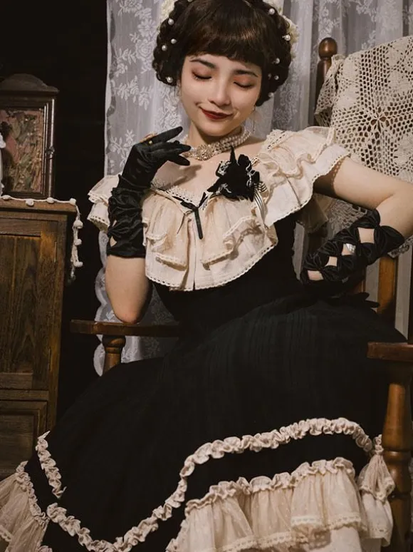 Robe Lolita Classique Polyester Sans Manches Dentelle Robes Lolita Classique Noir