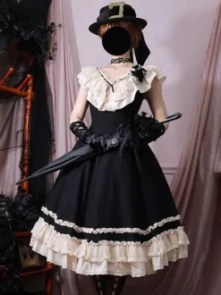Robe Lolita Classique Polyester Sans Manches Dentelle Robes Lolita Classique Noir