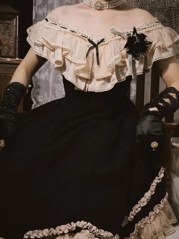 Robe Lolita Classique Polyester Sans Manches Dentelle Robes Lolita Classique Noir
