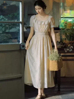 Robe Lolita Classique Polyester Dentelle Manches Courtes Robes Lolita Classique Ecru Blanc