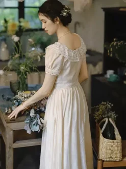 Robe Lolita Classique Polyester Dentelle Manches Courtes Robes Lolita Classique Ecru Blanc