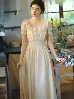 Robe Lolita Classique Polyester Dentelle Manches Courtes Robes Lolita Classique Ecru Blanc