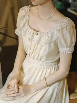 Robe Lolita Classique Polyester Dentelle Manches Courtes Robes Lolita Classique Ecru Blanc