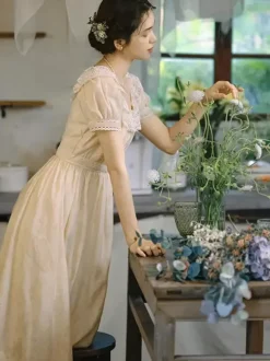 Robe Lolita Classique Polyester Dentelle Manches Courtes Robes Lolita Classique Ecru Blanc