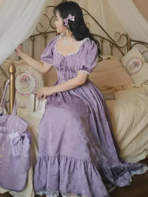 Robe Lolita Classique Polyester Manches Courtes Jacquard Robes Lolita Classique Violet