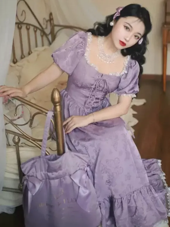 Robe Lolita Classique Polyester Manches Courtes Jacquard Robes Lolita Classique Violet